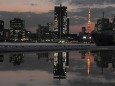 春に埠頭から東京タワーを望む