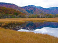 秋色の尾瀬・池塘に映る山並み