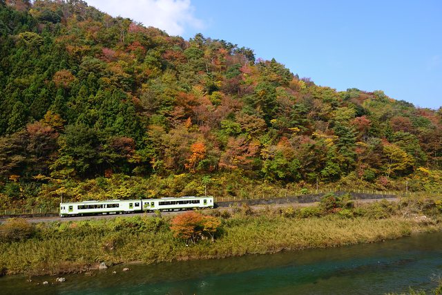 紅葉の水郡線を行くキハ110系