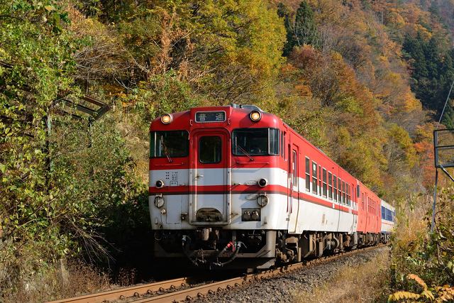 紅葉の磐越西線を行くキハ40系