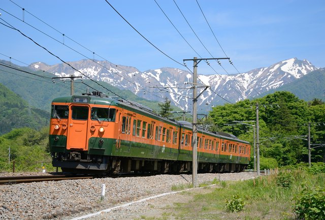 谷川岳と新緑と湘南色115系