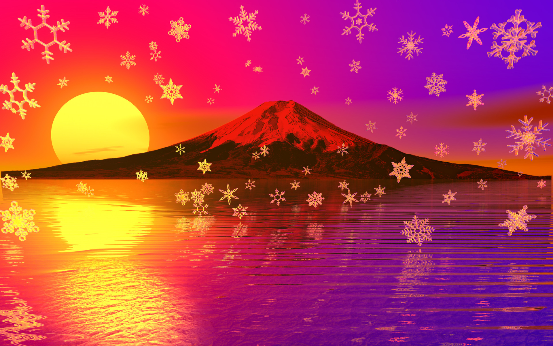 3dcg 雪の結晶と赤富士 壁紙19x10 壁紙館