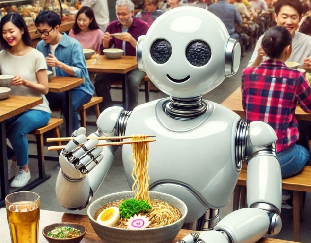 食堂でラーメンを食べるロボット