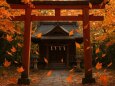 紅葉の舞っている神社
