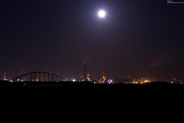 満月と工場夜景