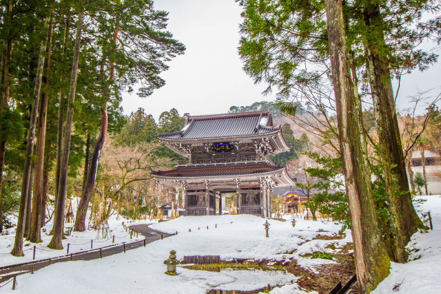 雪中の林泉寺、山門