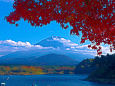 精進湖・湖畔の紅葉と富士山