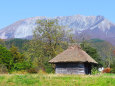 茅葺小屋と秋の大山2