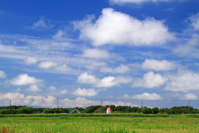 赤い屋根のサイロとふんわり綿雲