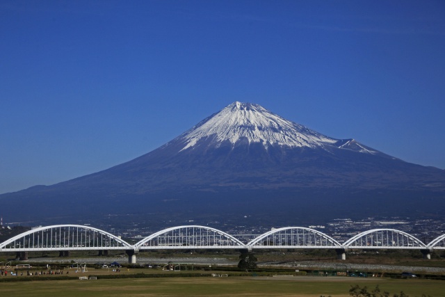 富士川を渡る新幹線より