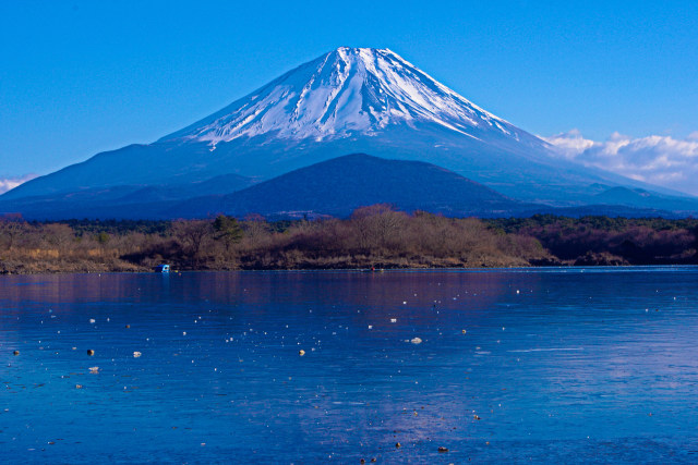 凍結の精進湖と富士山