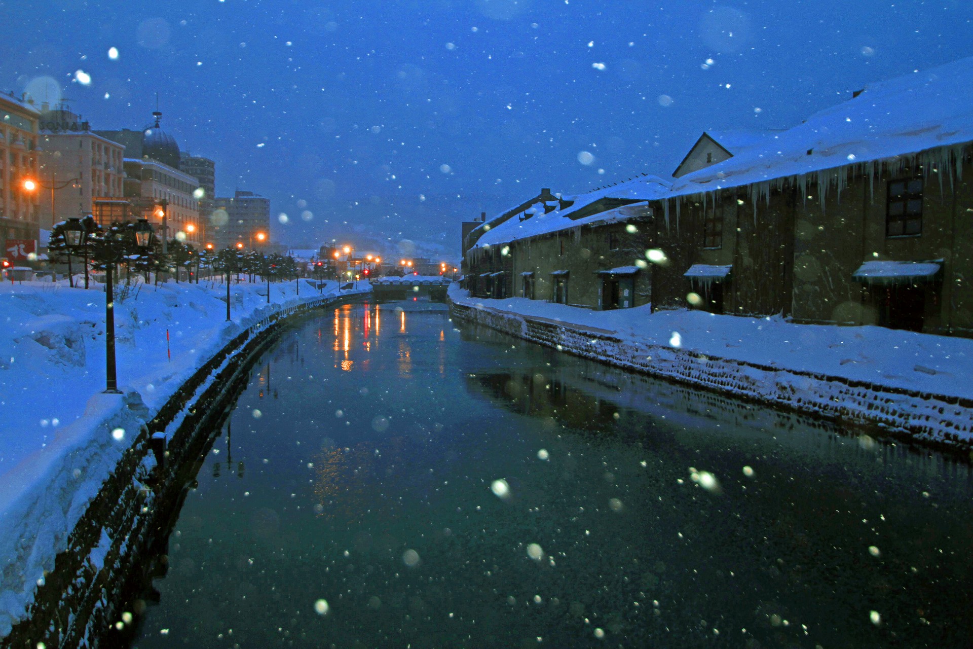 夜景 花火 イルミ 雪降る小樽運河 壁紙19x1280 壁紙館