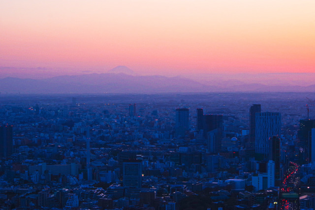 都心から夕景富士