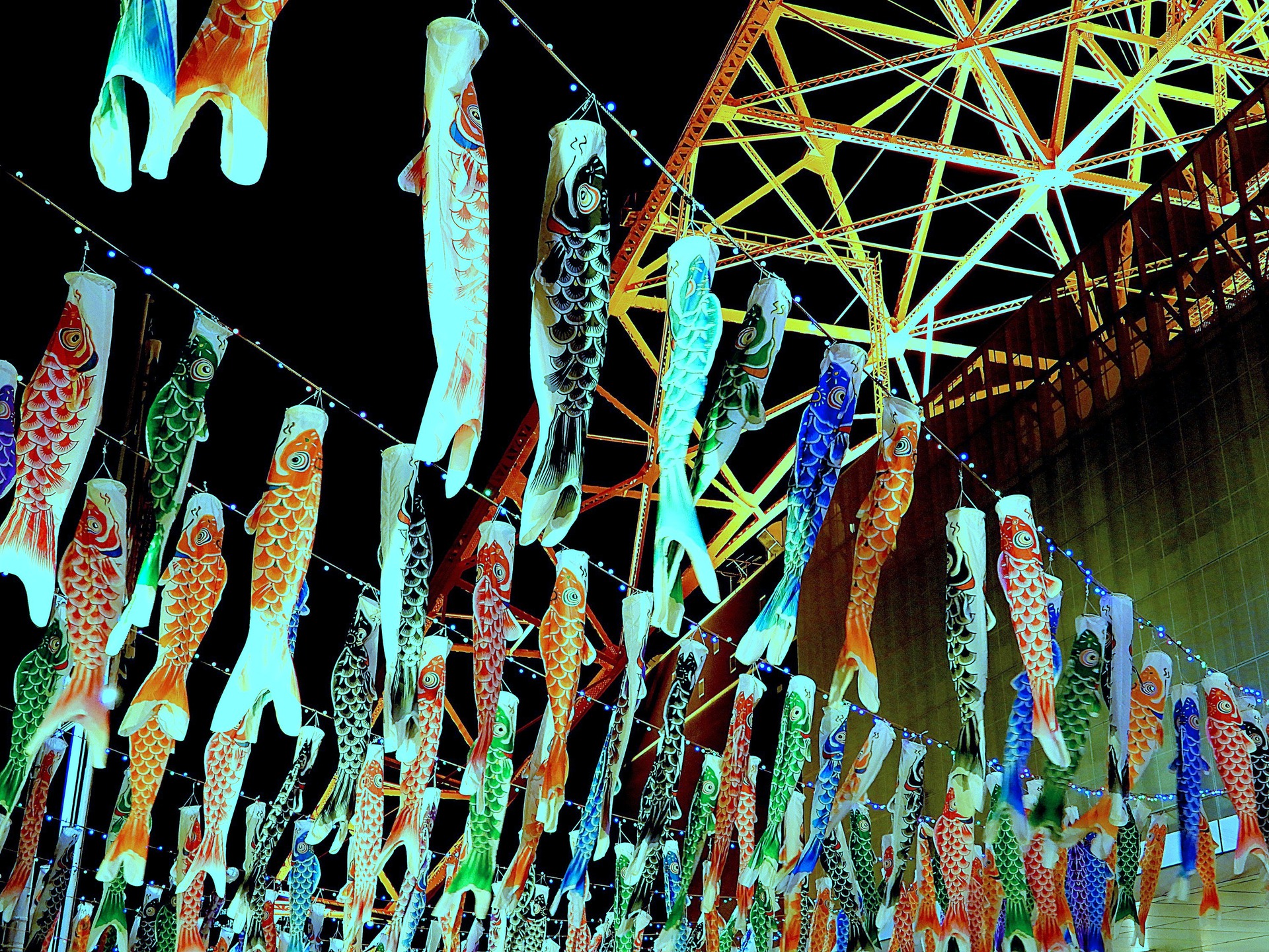 夜景 花火 イルミ 東京タワーの鯉のぼり 壁紙19x1440 壁紙館