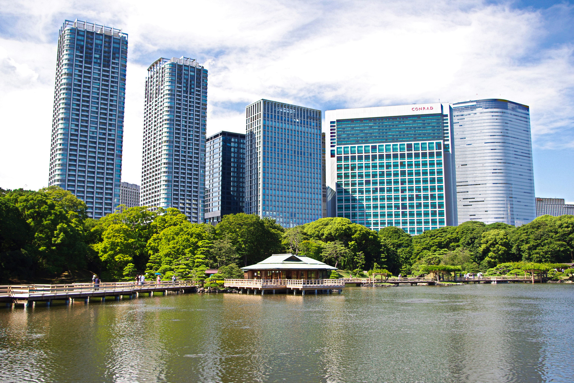 日本の風景 夏の浜離宮庭園と汐留高層ビル群 壁紙19x1280 壁紙館