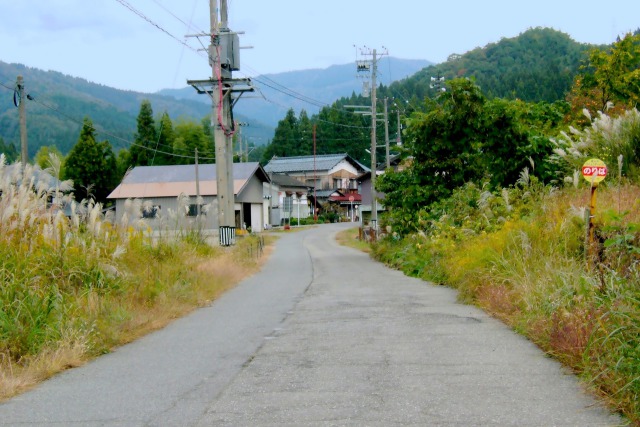 秋、山里のバス停