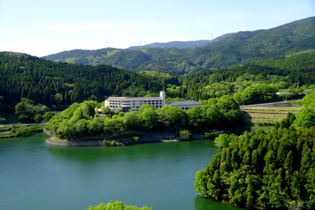 新緑の山の湖