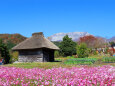 紅葉の大山と茅葺き小屋