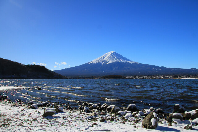 河口湖の雪景色